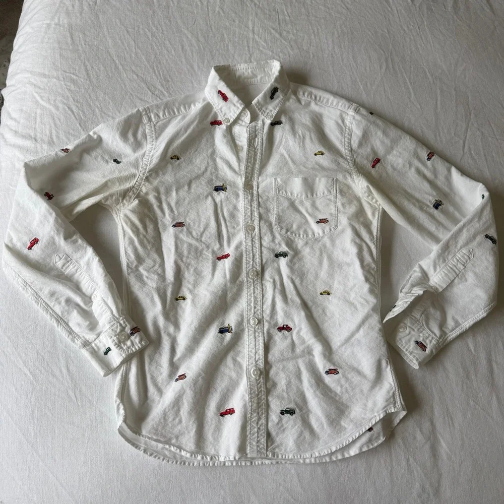 J. Crew White Embroidered‎ Car Surfboard Oxford Shirt G4742 SU17 Sm Distressed